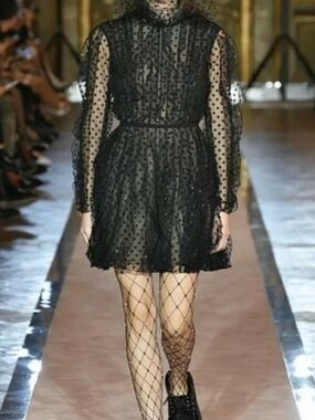 Giambattista Valli x h&m - Sheer Black Polka Dot Long-Sleeve Mini Dress - US6